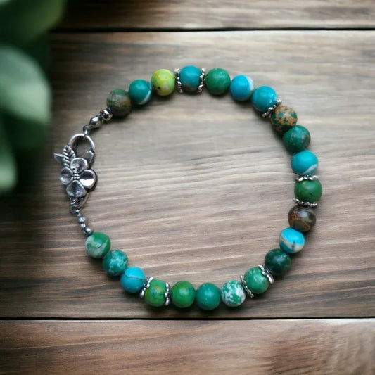 Bransoletka handmade z zielonych i turkusowych kamieni naturalnych, srebrny zapięcie
