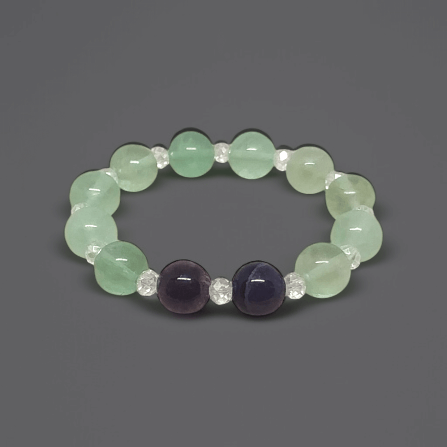 Elastyczna bransoletka z zielono fioletowego fluorytu z małymi elementami crystal rock