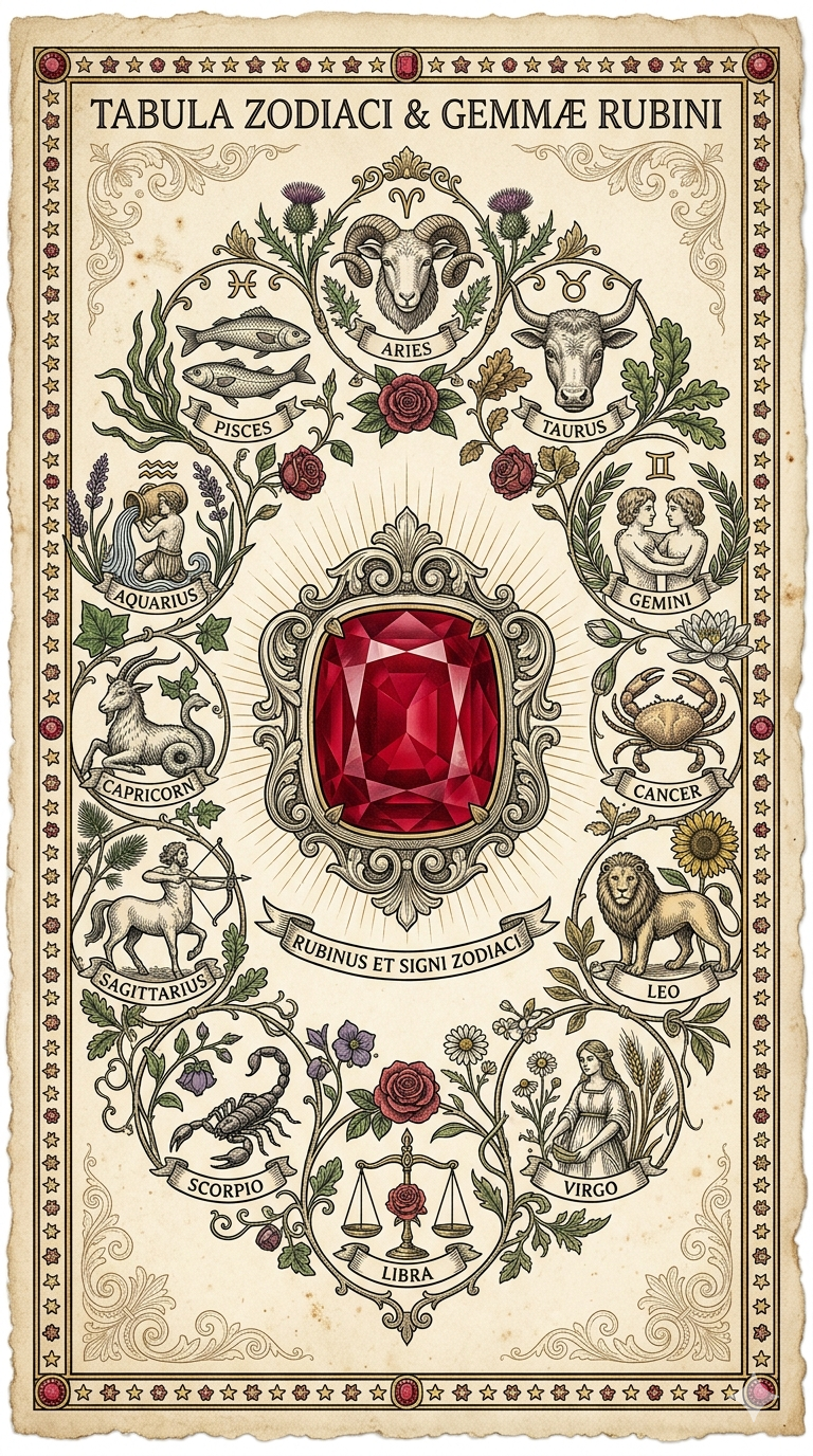 Ilustracja botaniczna rubinu na starym pergaminie, styl klasycznej ryciny, biżuteria z duszą Magiczny Kamyczek.