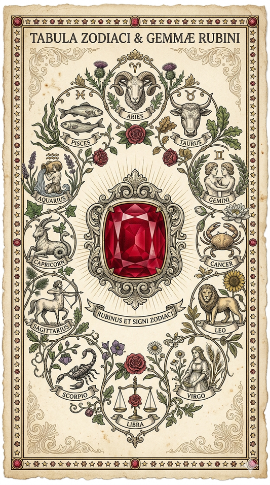 Ilustracja botaniczna rubinu na starym pergaminie, styl klasycznej ryciny, biżuteria z duszą Magiczny Kamyczek.