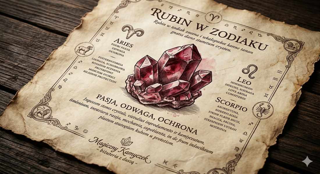 Rycina botaniczna rubinu ze znakami zodiaku na pergaminie, talizman dla Lwa i Barana, Magiczny Kamyczek biżuteria z duszą.