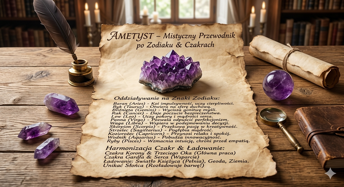 Mistyczny zestaw skryby: naturalny ametyst na wiekowym pergaminie z wypisanymi mądrościami zodiaku i czakr, gęsie pióro i blask świec w tle. Klimat ezoteryczny i astrologiczny.