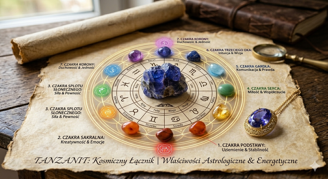 Infografika tanzanit, czakry i znaki zodiaku na starym pergaminie. Koło astrologiczne i opisy energii kamieni.