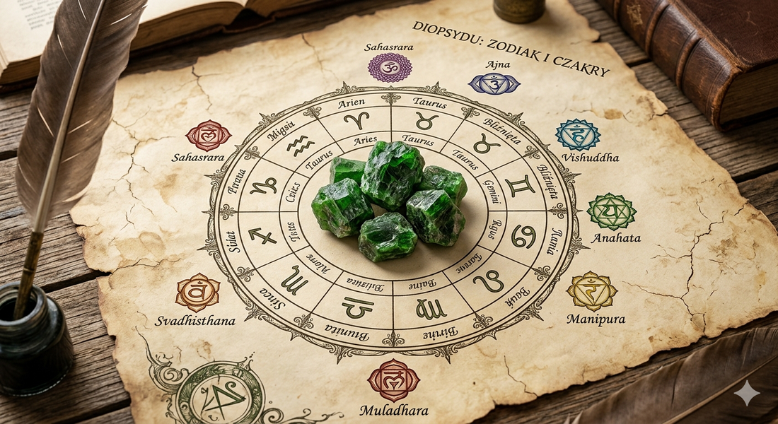 Zielony diopsyd na starym pergaminie z kołem zodiaku i symbolami czakr w rzemieślniczym stylu.