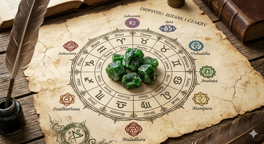 Zielony diopsyd na starym pergaminie z kołem zodiaku i symbolami czakr w rzemieślniczym stylu.