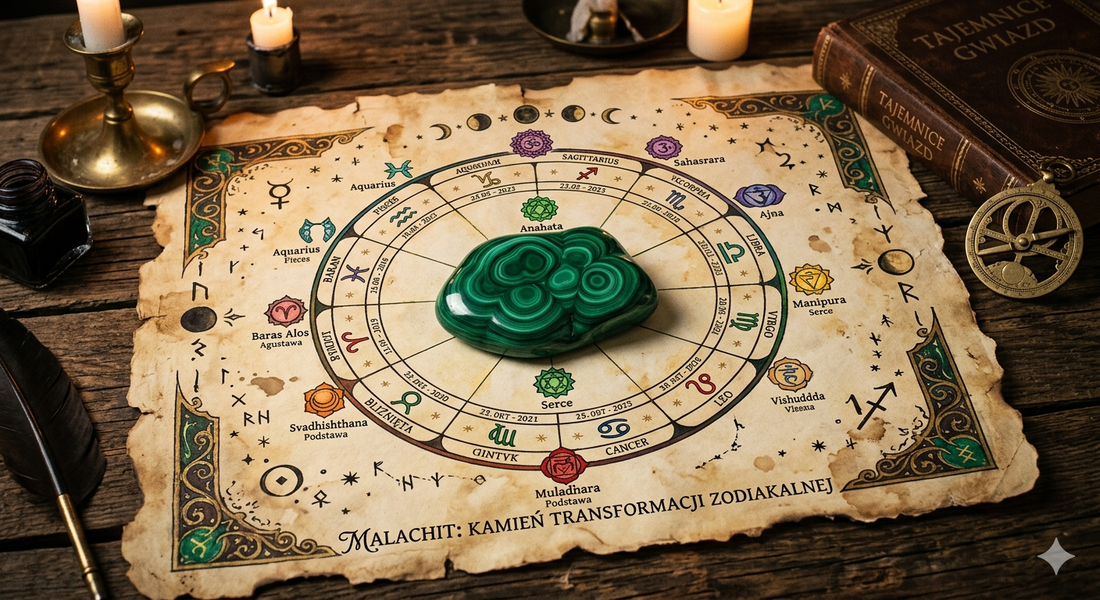Malachit na starym pergaminie z kołem zodiaku i symbolami czakr w mistycznym otoczeniu.