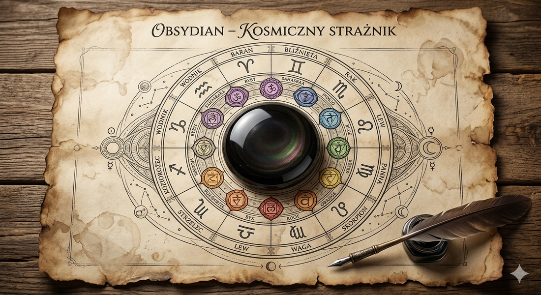 Obsydian na starym pergaminie otoczony zodiakiem i czakrami 