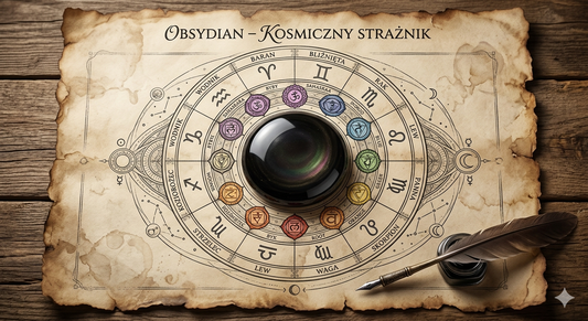 Obsydian na starym pergaminie otoczony zodiakiem i czakrami 