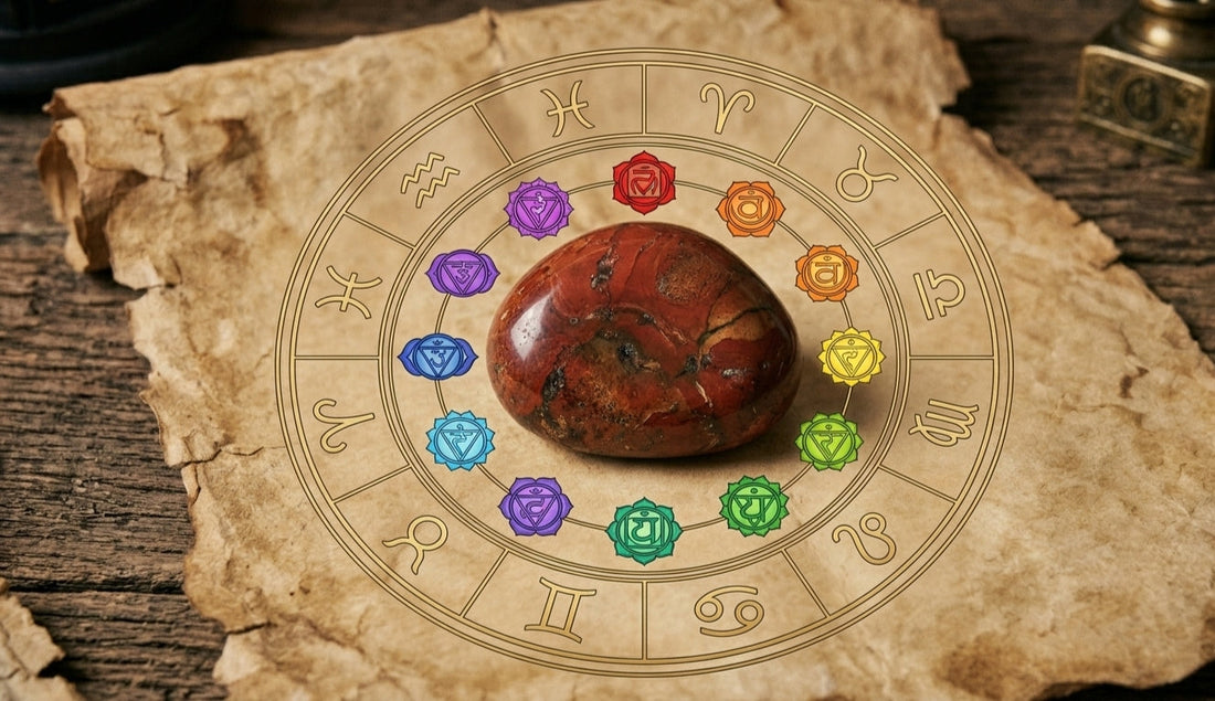 Czerwony jaspis na starym pergaminie otoczony zodiakiem 