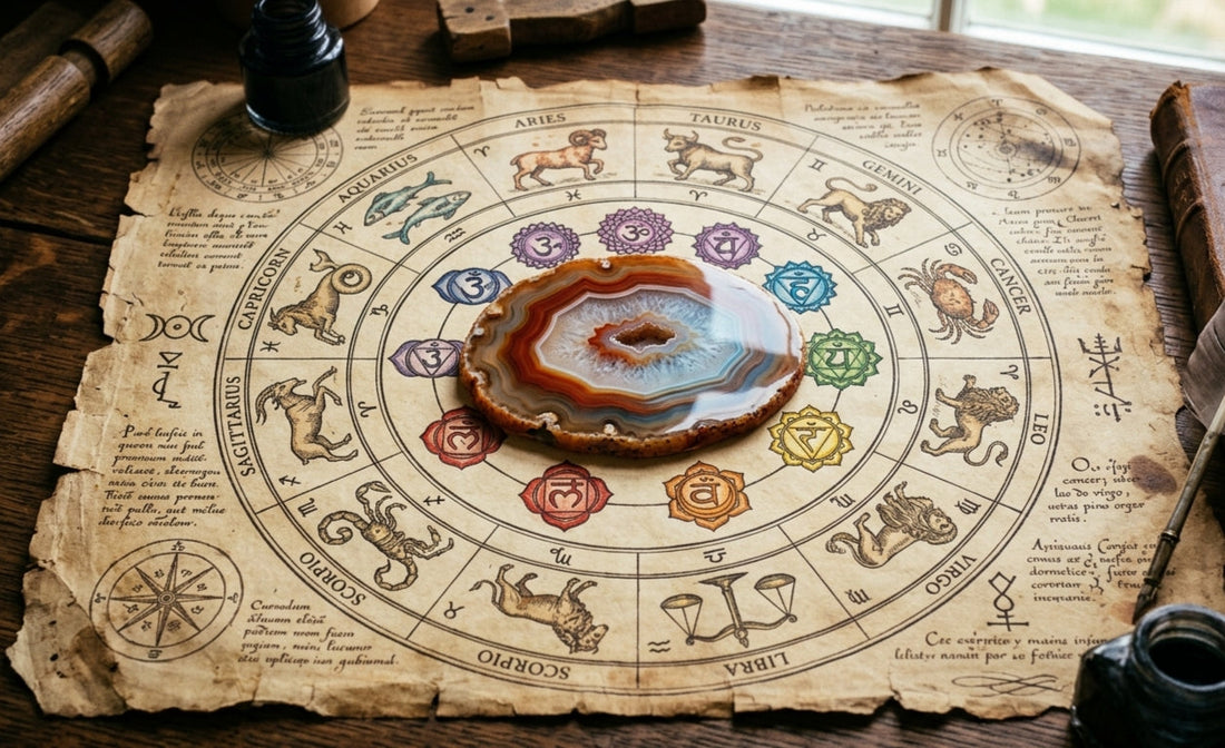 Agat otoczony zodiakiem i czakrami na starym pergaminie 