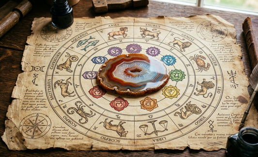 Agat otoczony zodiakiem i czakrami na starym pergaminie 