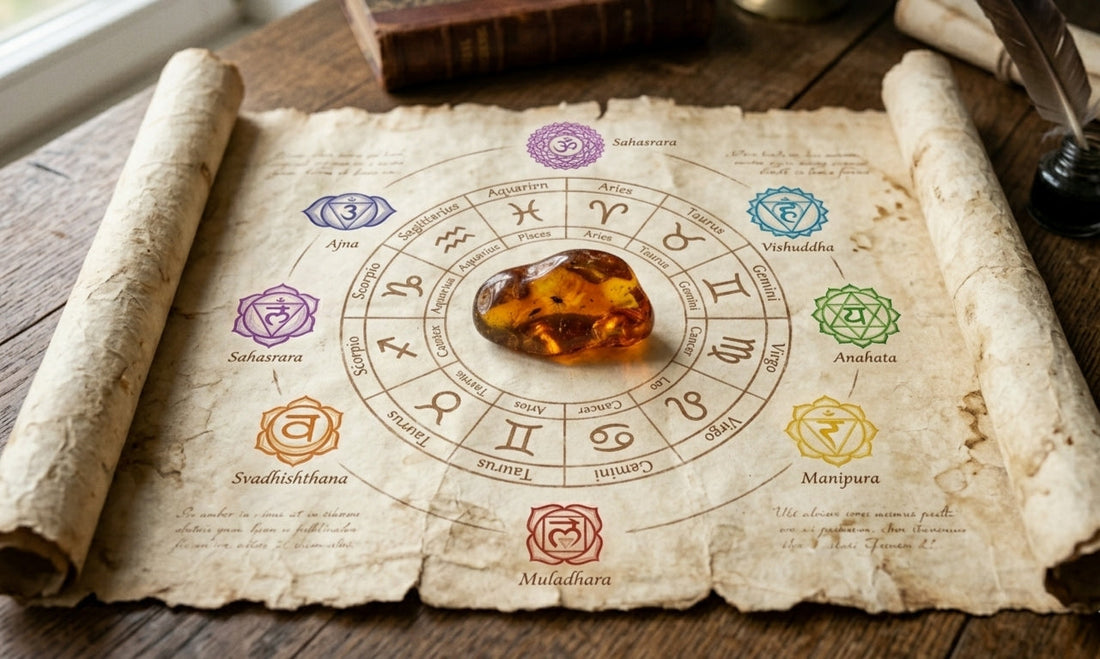 Bursztyn otoczony zodiakiem i czakrami 