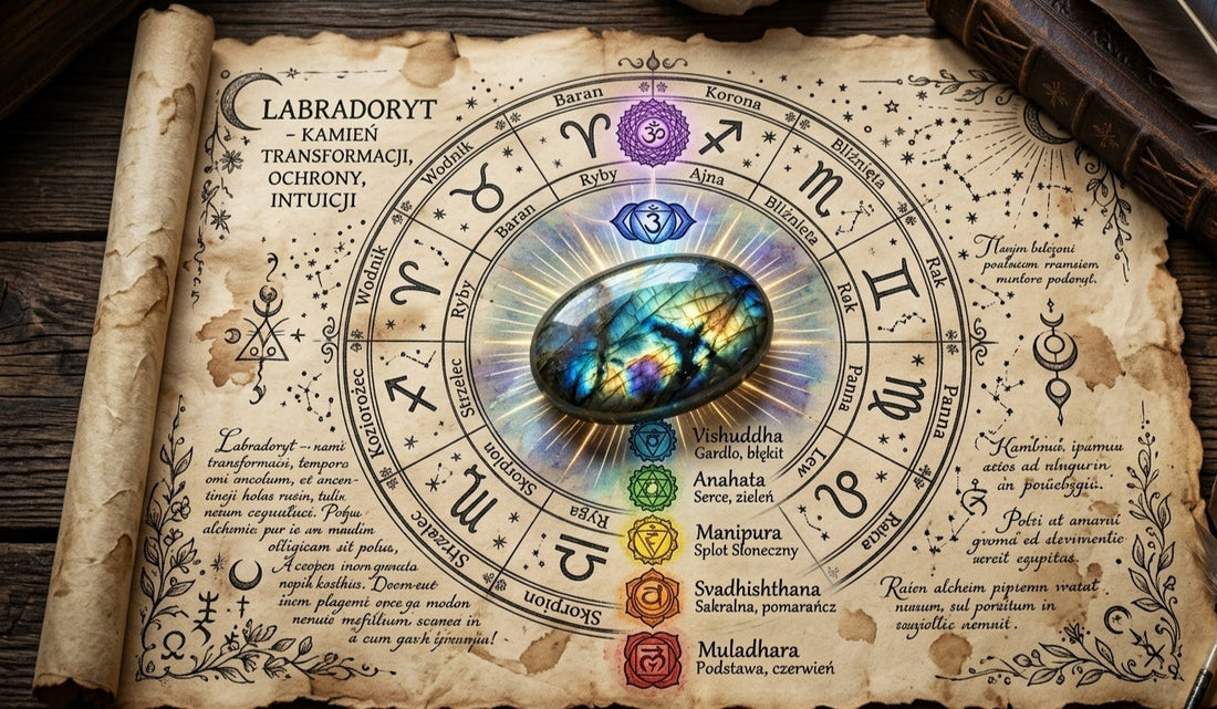 Labradoryt na starym pergaminie otoczony zodiakiem 