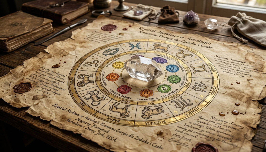 Surowy Herkimer na starym pergaminie otoczony zodiakiem 