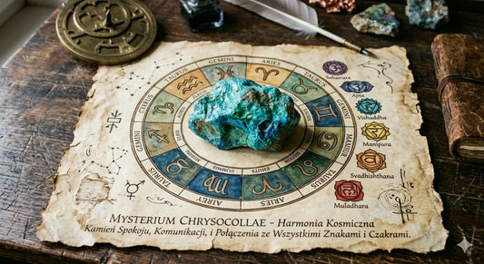 Chryzokola na starym pergaminie otoczona zodiakiem 