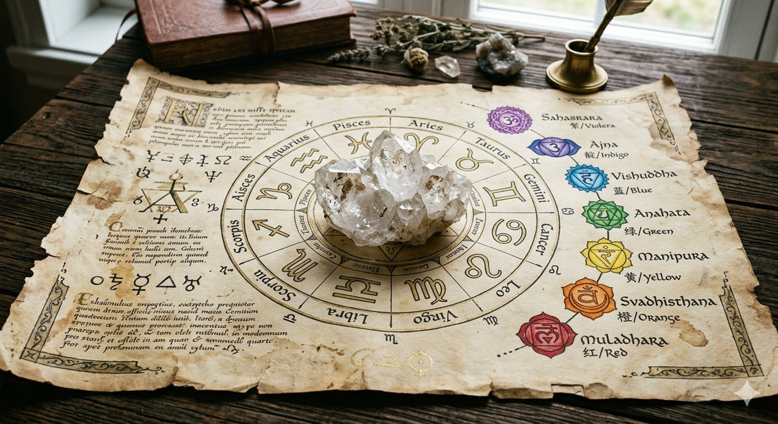 Kryształ górski otoczony czakrami i zodiakiem 