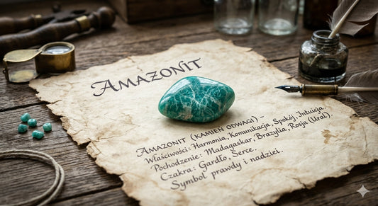 Amazonit leżący na starym pergaminie 