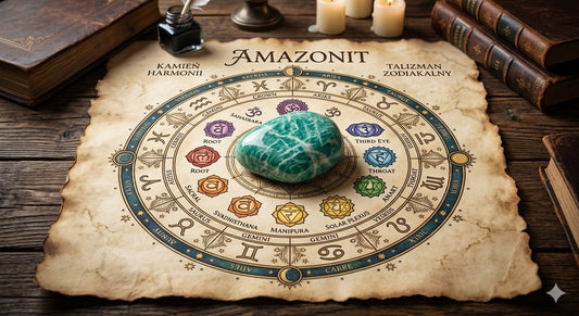 Amazonit na starym pergaminie otoczony zodiakiem i czakrami 