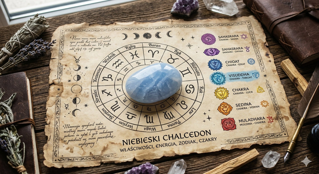 Błękitny chalcedon na starym pergaminie otoczony zodiakiem 