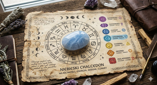 Błękitny chalcedon na starym pergaminie otoczony zodiakiem 