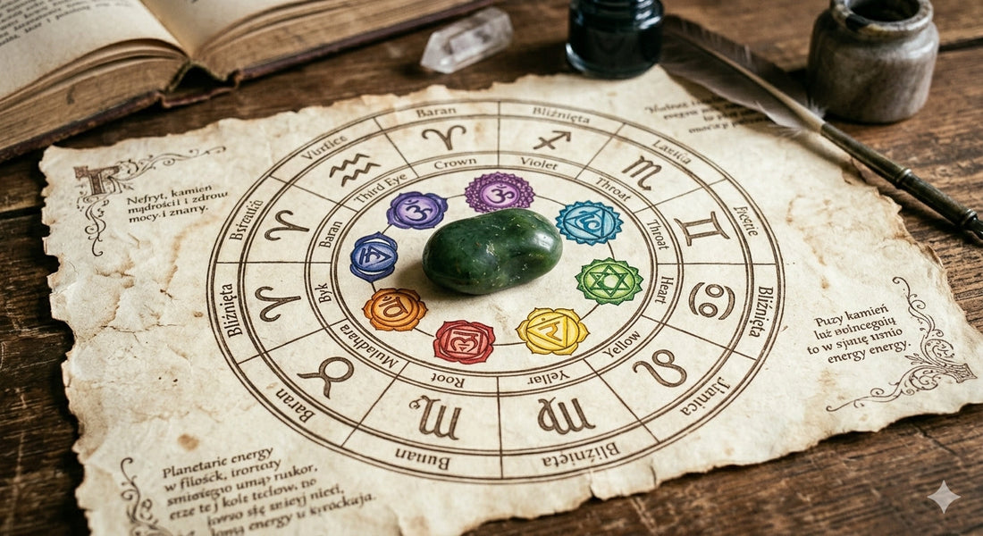 Nefryt na starym pergaminie otoczony zodiakiem i czakrami 