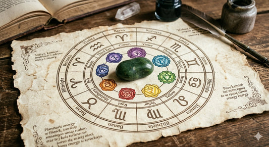 Nefryt na starym pergaminie otoczony zodiakiem i czakrami 