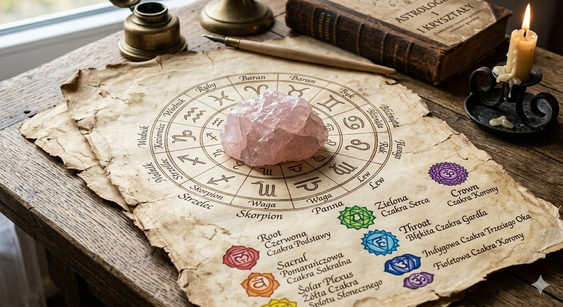Kwarc różowy na starym pergaminie otoczony zodiakiem i czakrami 