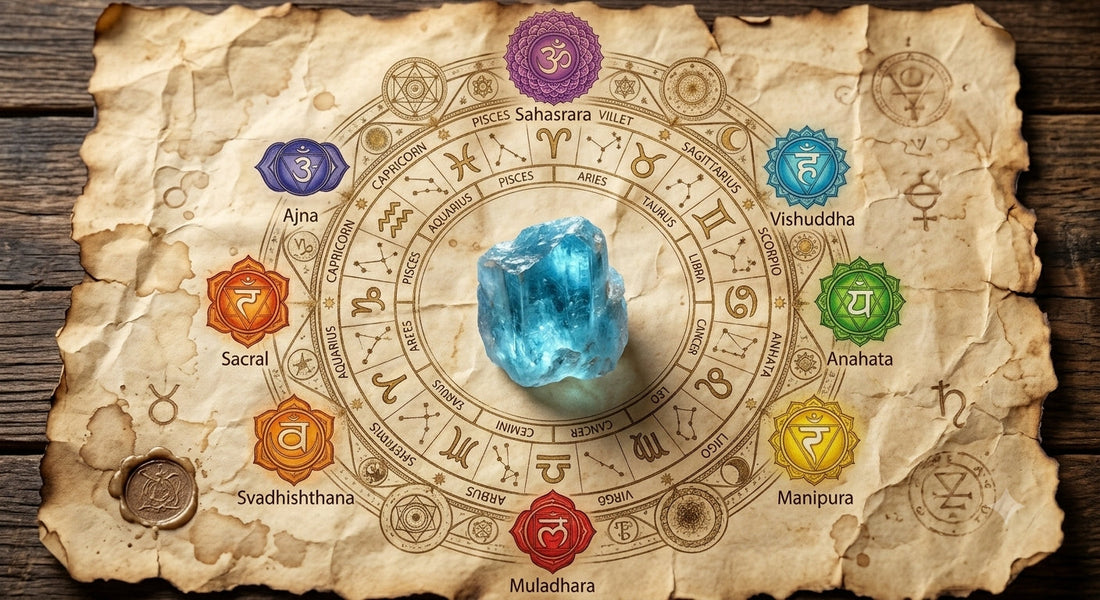 Akwamaryn na starym pergaminie otoczony zodiakiem i czakrami 