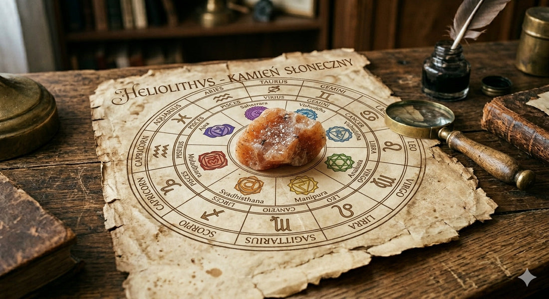 Kamień słoneczny otoczony zodiakiem i czakrami na starym pergaminie 