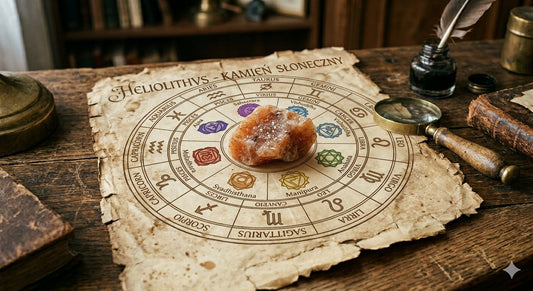 Kamień słoneczny otoczony zodiakiem i czakrami na starym pergaminie 