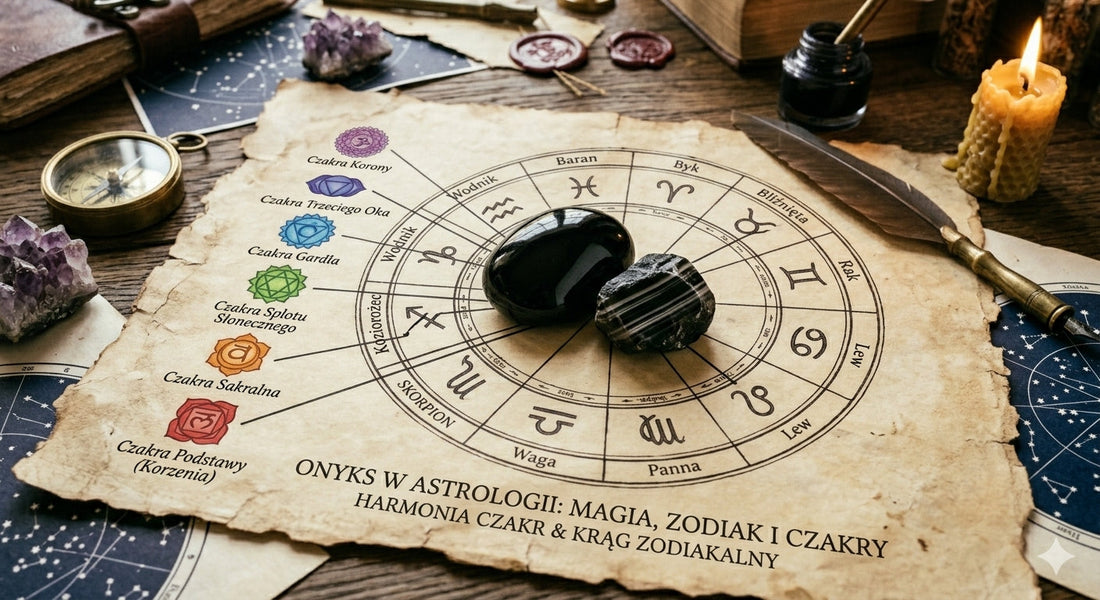 Onyks na starym pergaminie otoczony zodiakiem i czakrami 