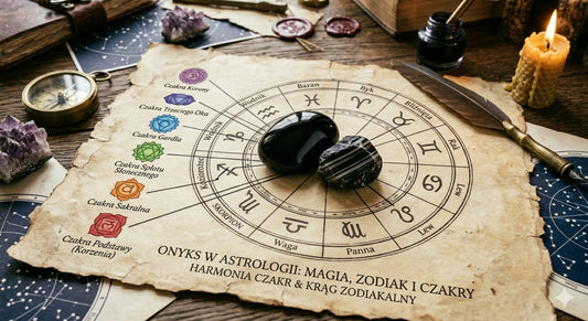 Onyks na starym pergaminie otoczony zodiakiem i czakrami 
