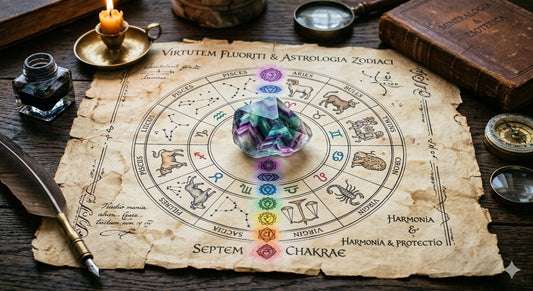 Fluoryt na starym pergaminie otoczony zodiakiem i czakrami 