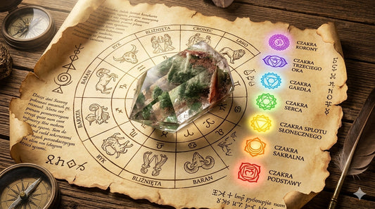 Kwarc fantomowy na starym pergaminie otoczony zodiakiem i czakrami 