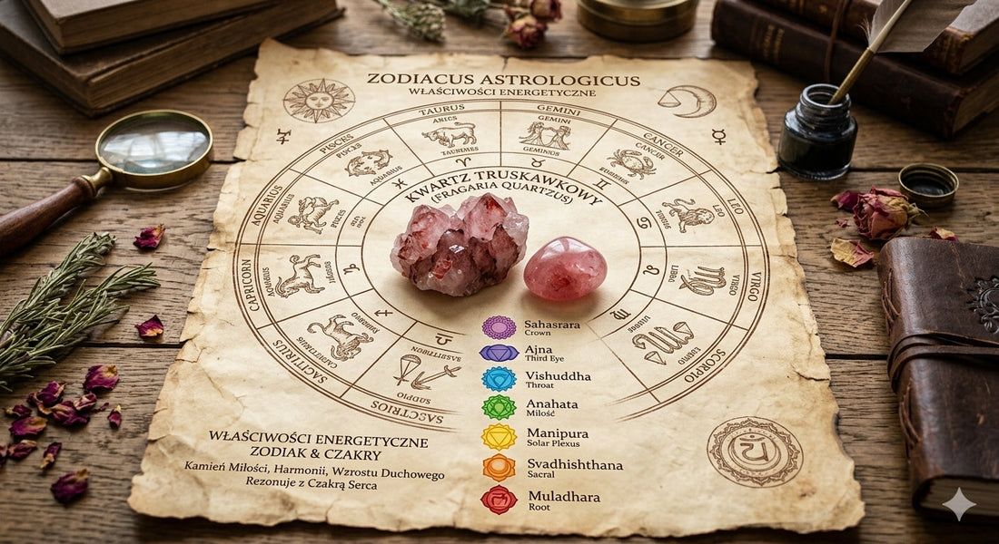 Kwarc truskawkowy na starym pergaminie otoczony zodiakiem i czakrami 