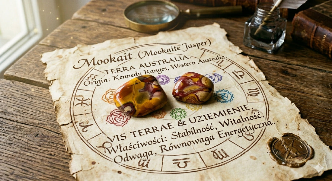 Surowe kamienie mokaitu na starym pergaminie otoczone zodiakiem i czakrami 
