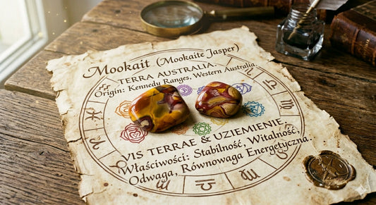 Surowe kamienie mokaitu na starym pergaminie otoczone zodiakiem i czakrami 