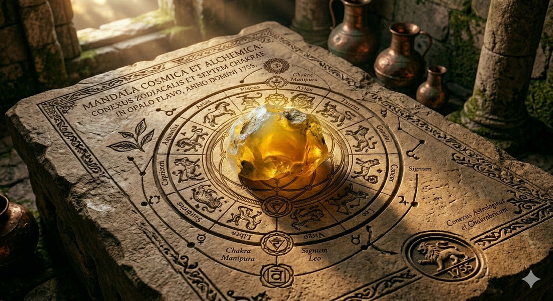Żółty opal na starym pergaminie otoczony zodiakiem i czakrami 