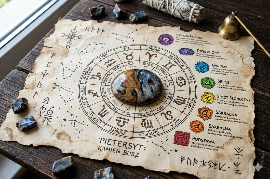 Pietersyt na starym pergaminie otoczony zodiakiem i czakrami 
