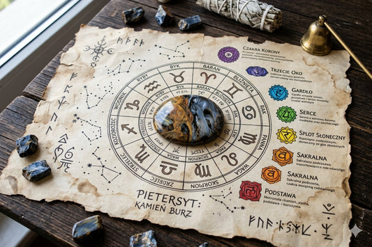 Pietersyt na starym pergaminie otoczony zodiakiem i czakrami 