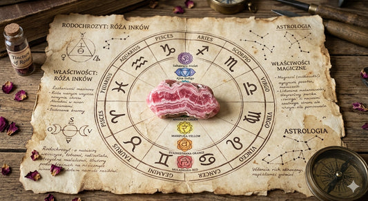 Rodochrozyt na starym pergaminie otoczony zodiakiem i czakrami 