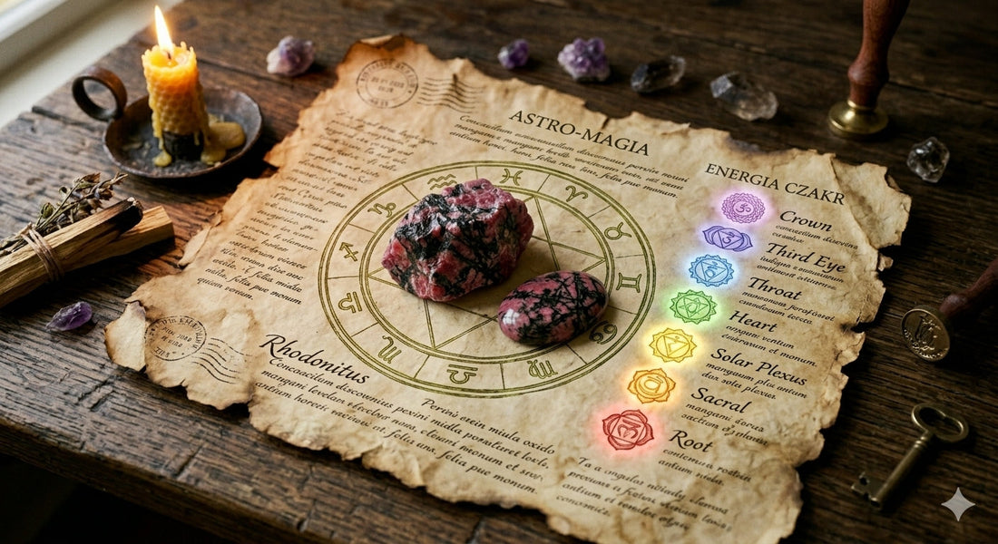 Rodonit na starym pergaminie otoczony zodiakiem i czakrami 