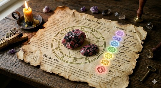 Rodonit na starym pergaminie otoczony zodiakiem i czakrami 