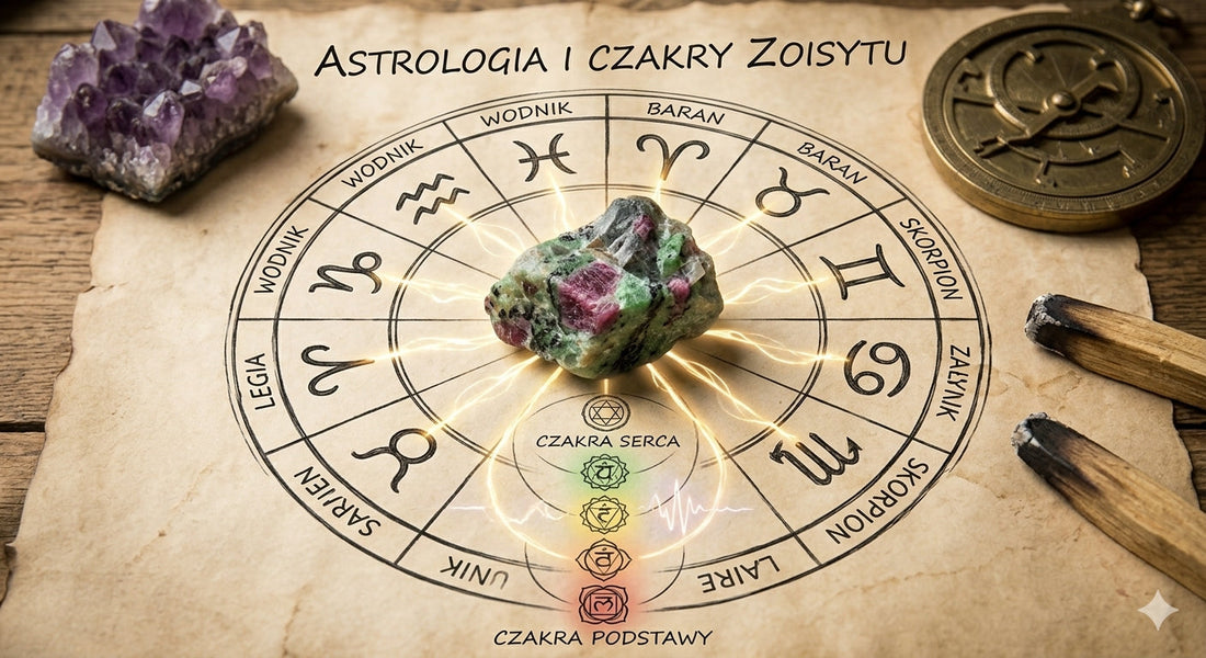 Zoisyt otoczony zodiakiem i czakrami na starym pergaminie 