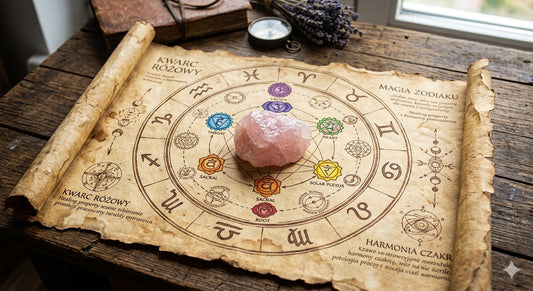 Kwarc różowy na starym pergaminie otoczony zodiakiem i czakrami 