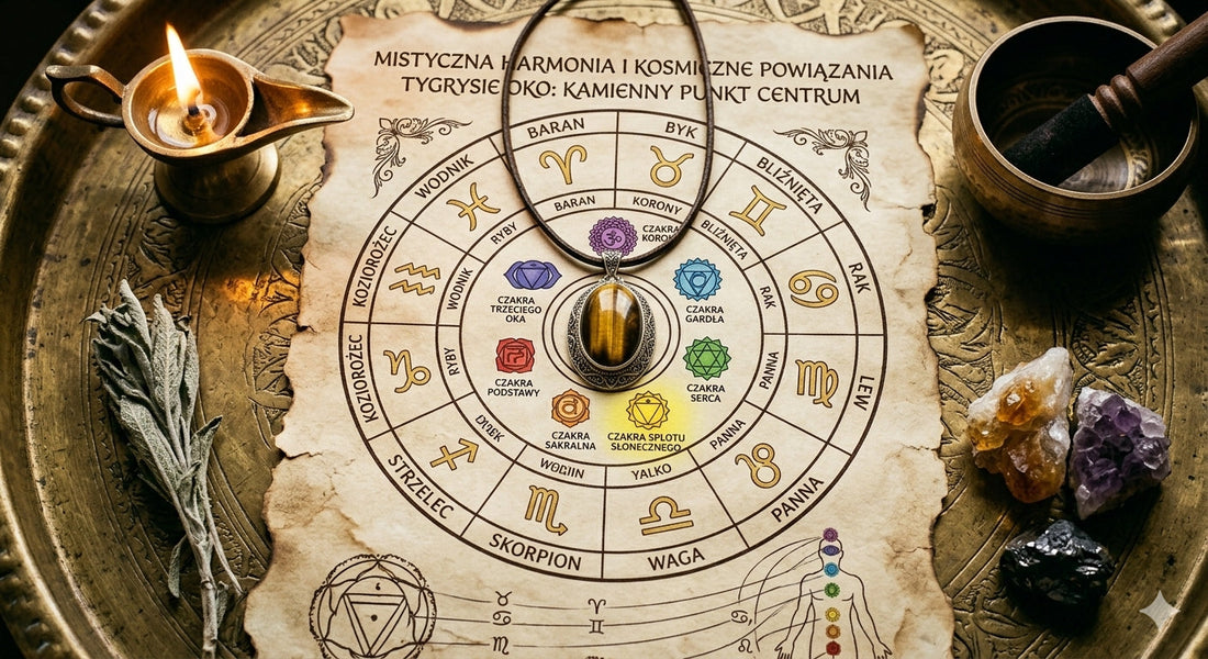 Wisiorek z tygrysiego oka na starym pergaminie otoczony zodiakiem i czakrami 
