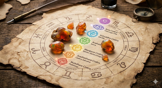 Ogniste opale na starym pergaminie otoczone zodiakiem 