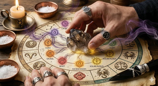 Kwarc dymny na starym pergaminie otoczony zodiakiem i czakrami 