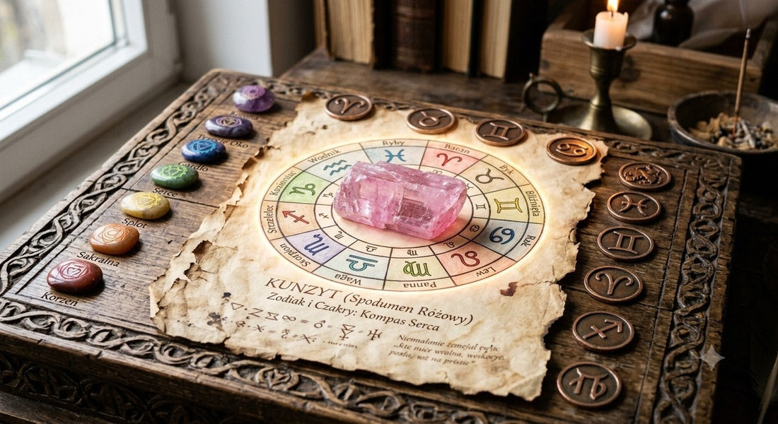 Kunzyt na starym pergaminie otoczony zodiakiem i czakrami 
