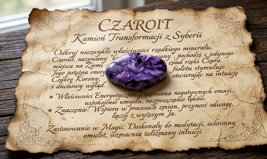 Kamień czaroit o fioletowej barwie na starym, kremowym pergaminie w stylu ryciny botanicznej, biżuteria z duszą.